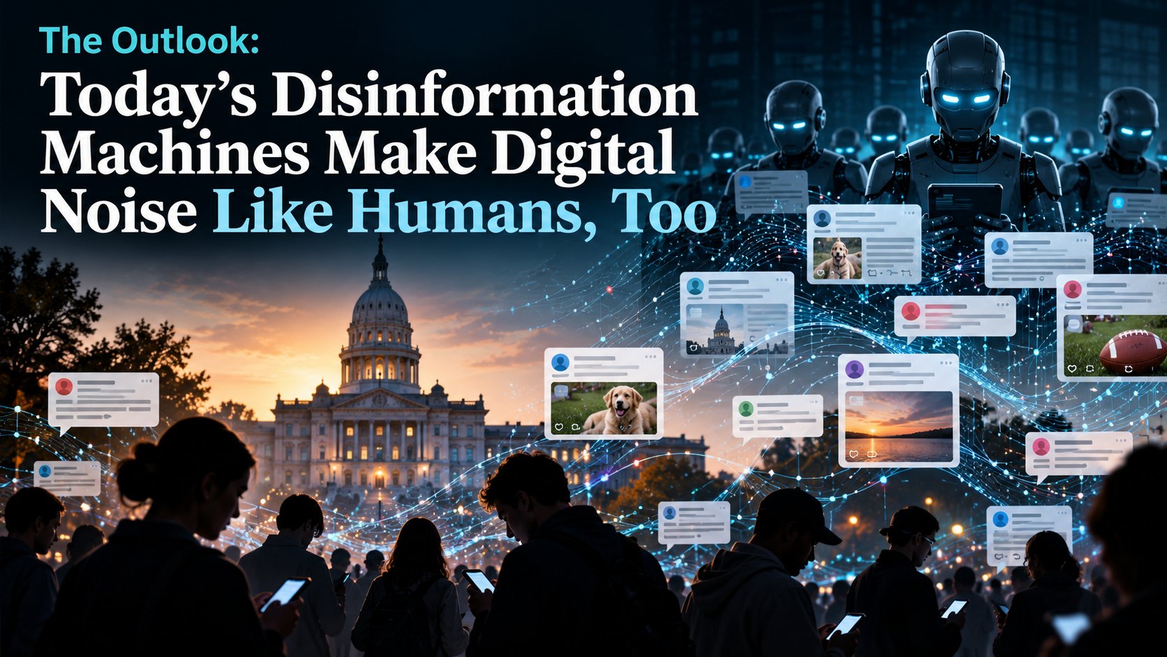 Illustration: AI robots and people on phones surrounded by social media posts, with the Michigan Capitol in the background